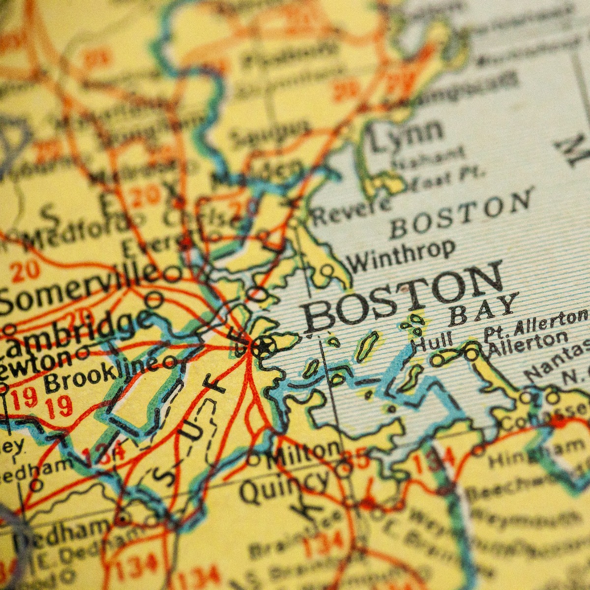 Boston, Massachusetts, is the focal point of an old map