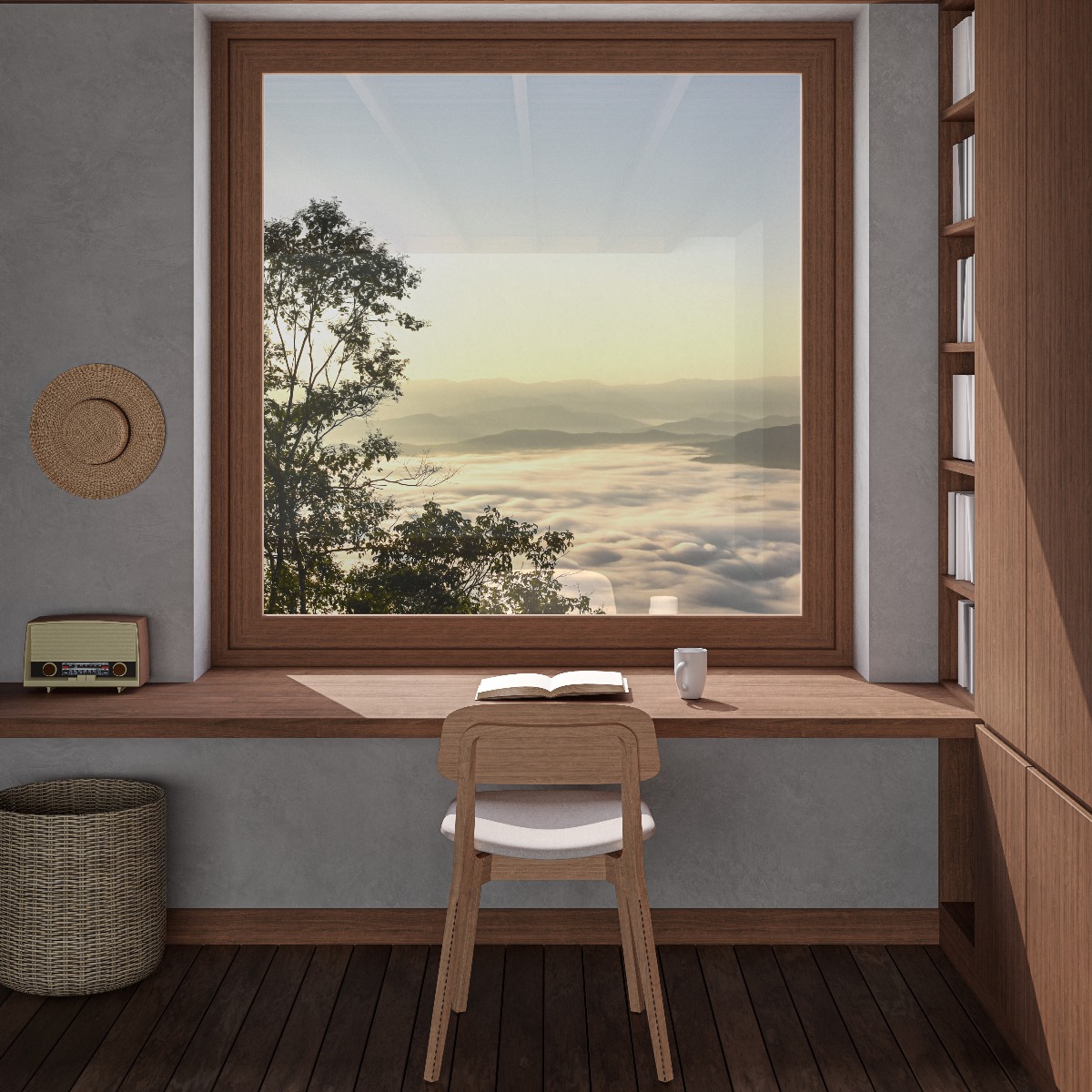 reading nook with window overlooking mountains and sea of fog. wooden floor, desk, chair, and window frame
